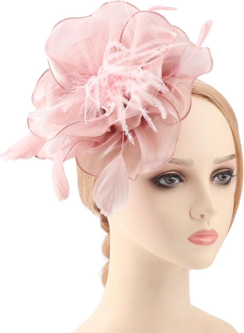 DRESHOW قبعة فاسيناتور مزينة بالريش مع رباط رأس للنساء، قبعات حفلات الشاي مع مشبك وزهرة لرباط الرأس للبنات والنساء - Image 2